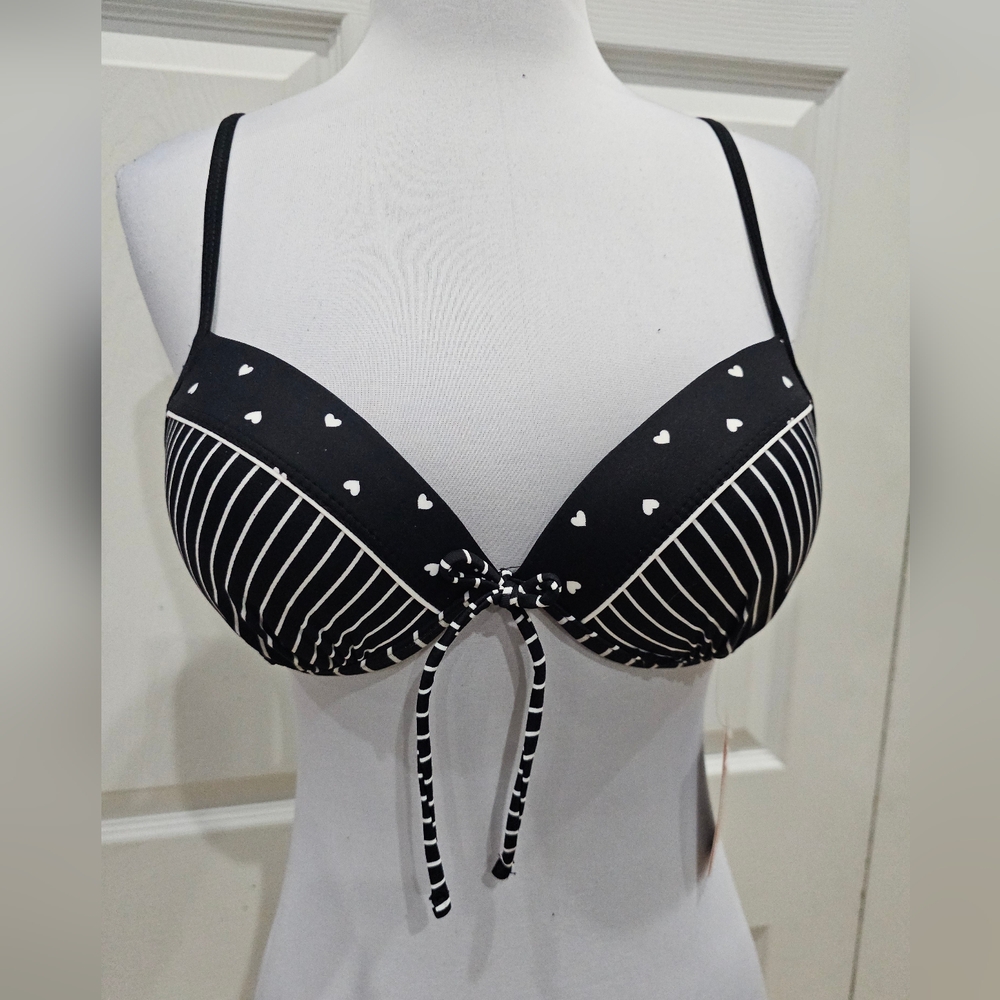 Juniors Joe Boxer Goth Black White Striped Heart Push Up Bikini Swimsuit Top S